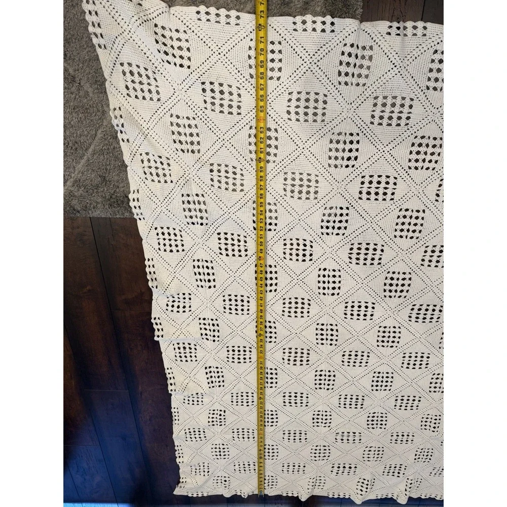 Vtg  Crocheted White Bed Cover  Blanket Tablecloth Queen Throw 82x73 Boho
